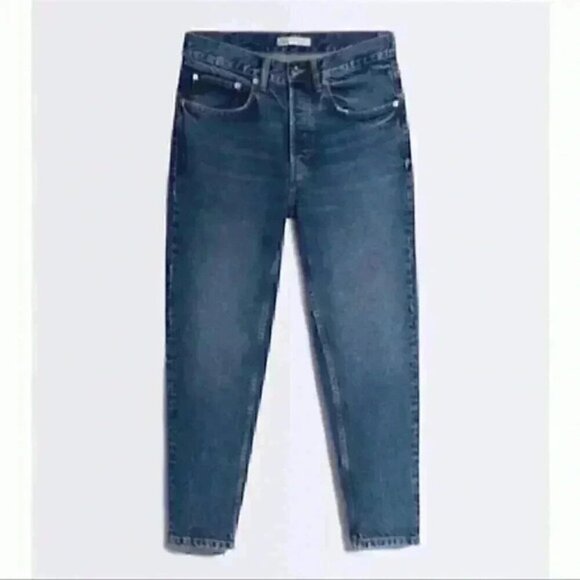 Zara Jeans Slim Fit Ankle Cropped Button Fly Vintage Dark Blue Size 18 - Picture 1 of 15